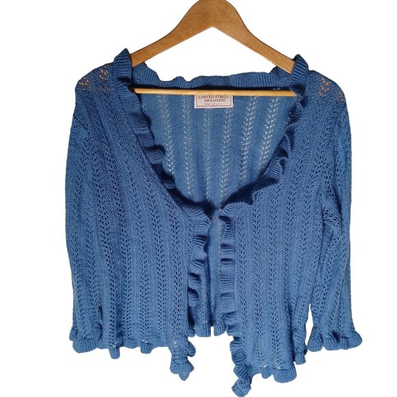 Vintage Knit Cardigan Sweater Womens Large Blue Cottagecore Ruffles Feminine - Picture 1 of 9